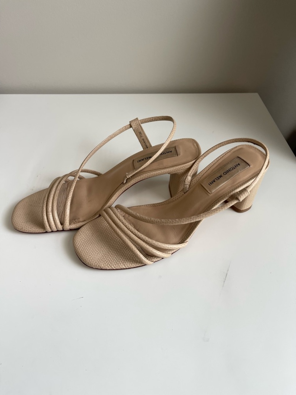 ANTONIO MELANI Beige Strappy Low Block Heel Sandals